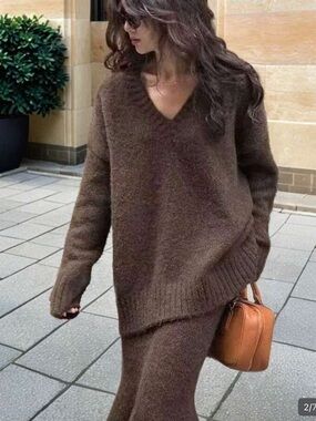 SHEIN Brown V-Neck Fuzzy Oversized Sweater set maxi skirt